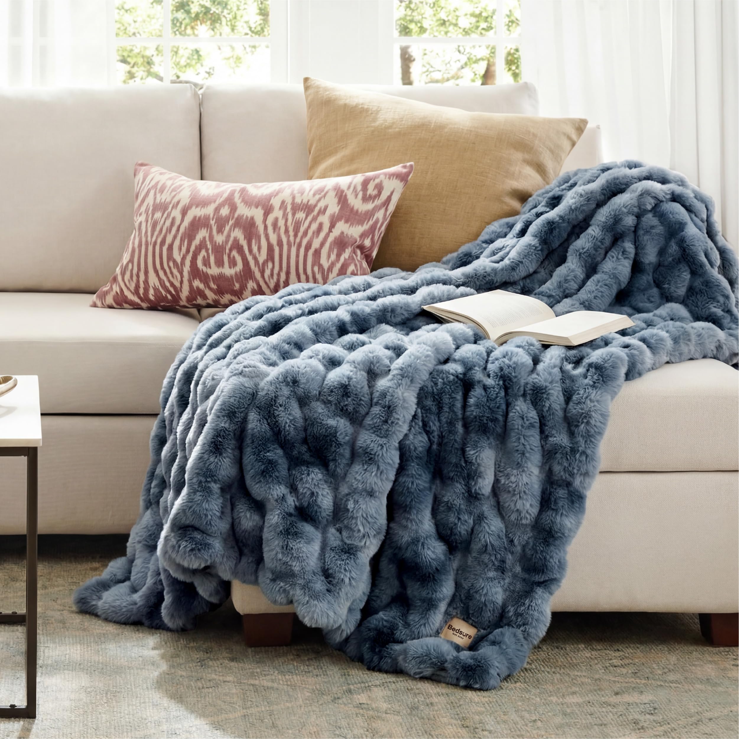Bedsure GentleSoft Fluffy Throw tie dye blue elevates couch decor.