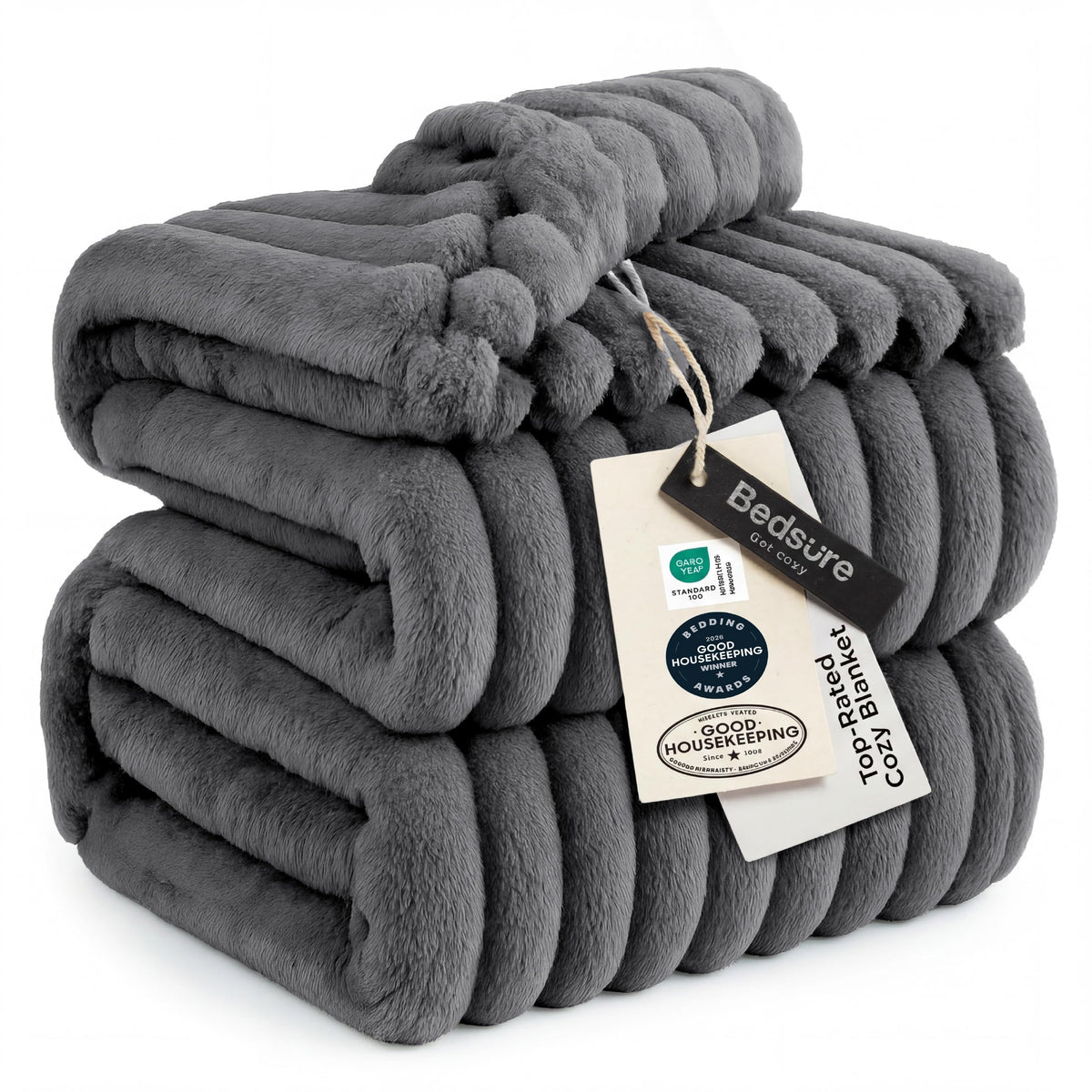Bedsure GentleSoft Frost Gray fleece blanket on couch offers cozy warmth.
