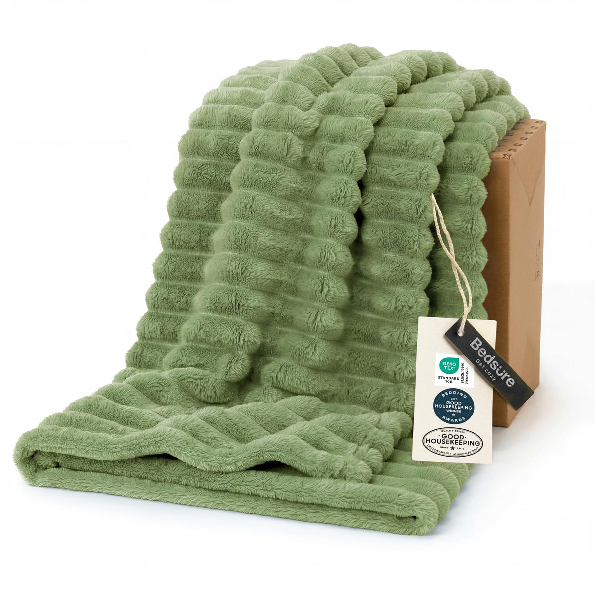 Bedsure GentleSoft Green Throw on couch closeup shows plush fleece and comfort.