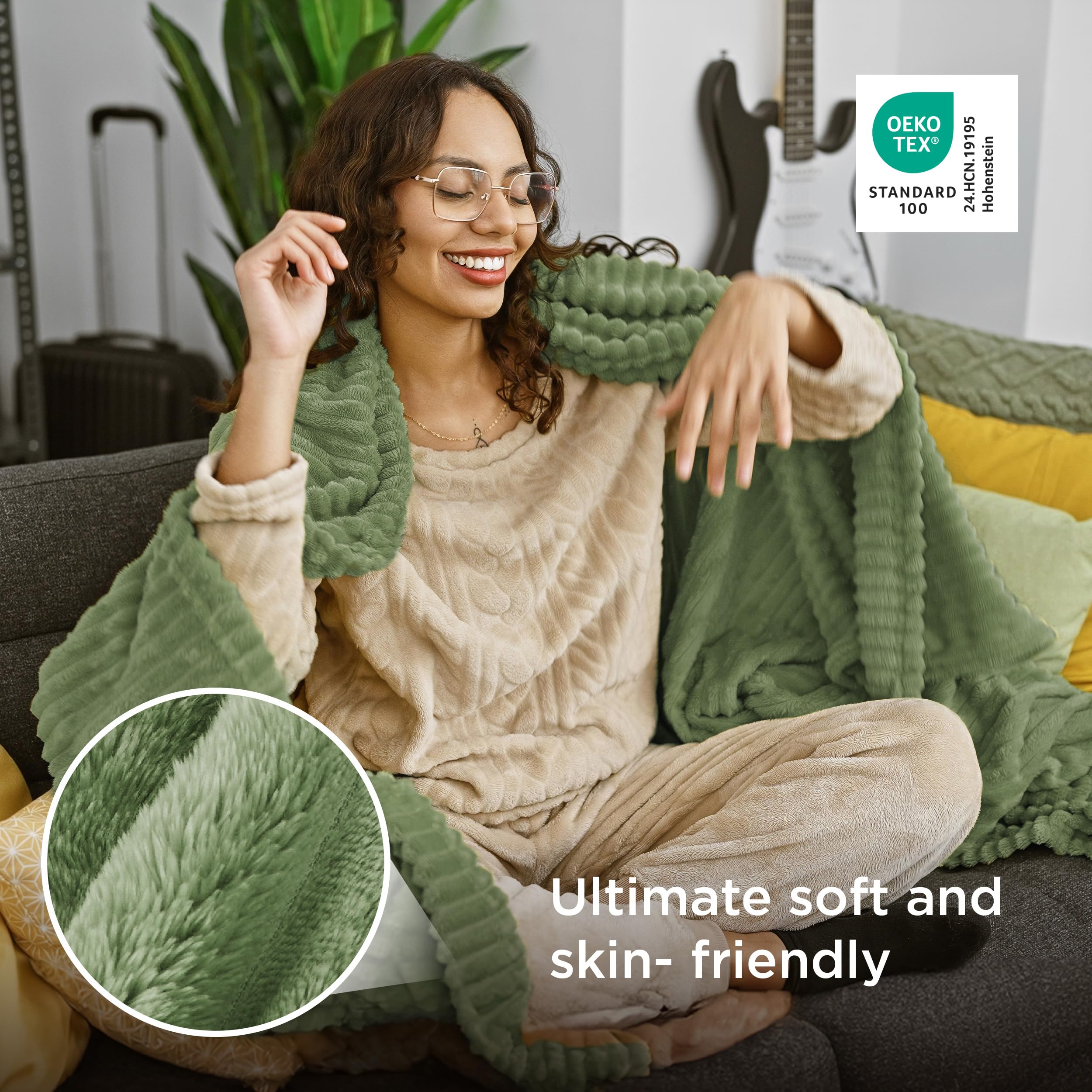 Bedsure GentleSoft Green Throw neatly rolled for compact storage and quick access.