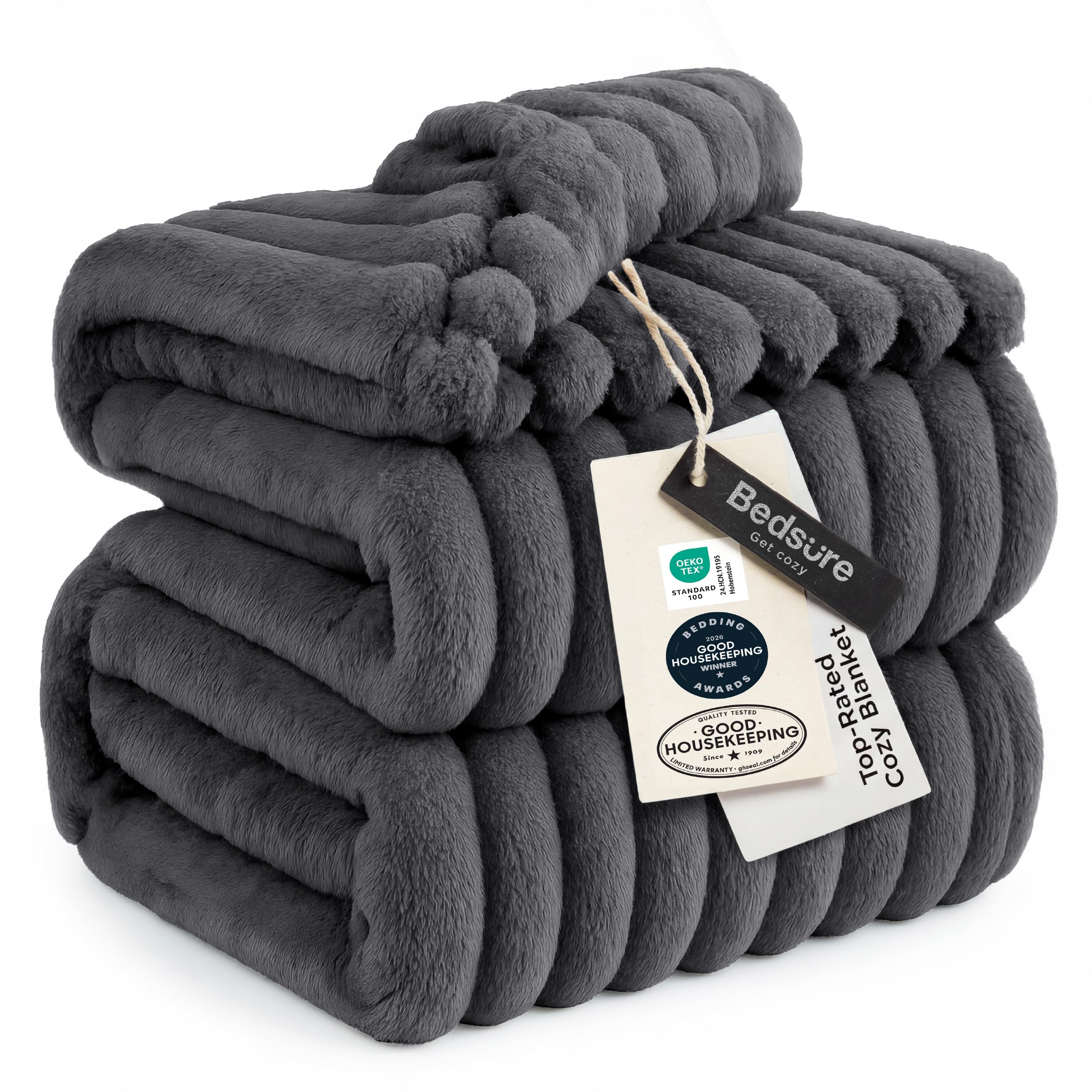 Bedsure GentleSoft grey fleece blanket folded showing plush warmth