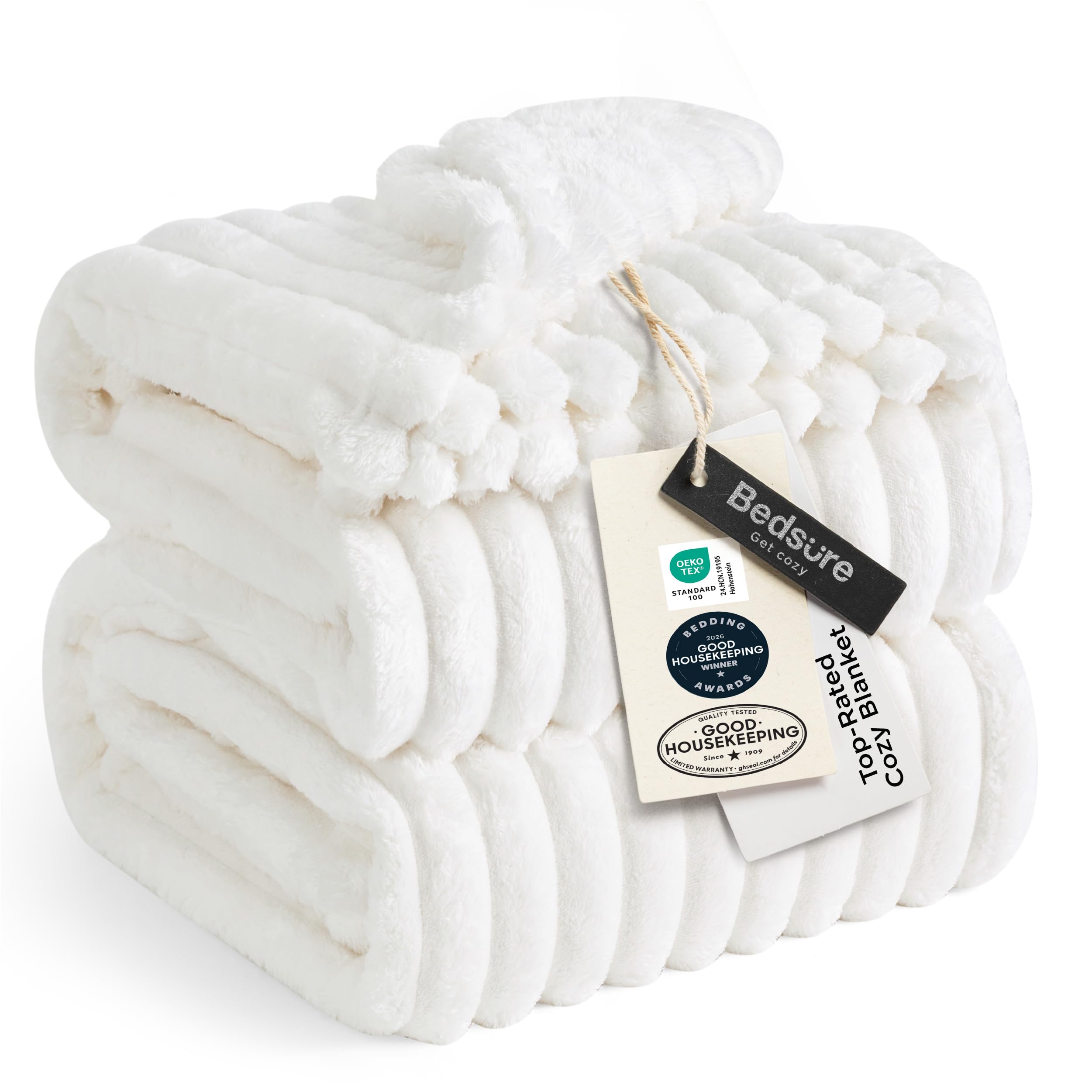 Bedsure GentleSoft king blanket close-up showing plush striped fleece texture and softness.