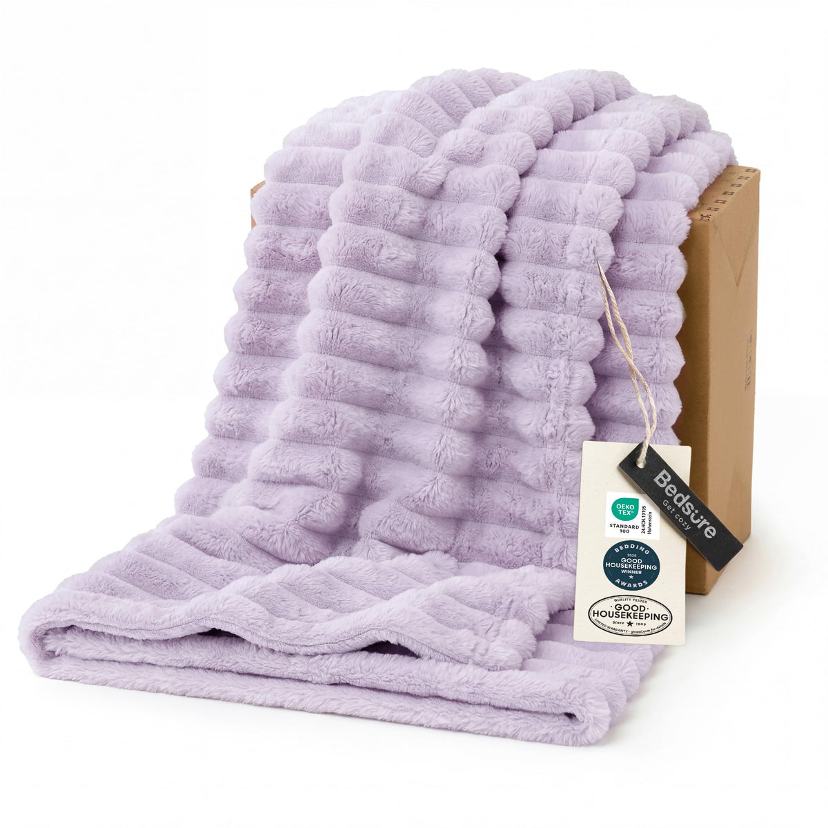 Bedsure GentleSoft Lavender Fog blanket on couch adds cozy warmth