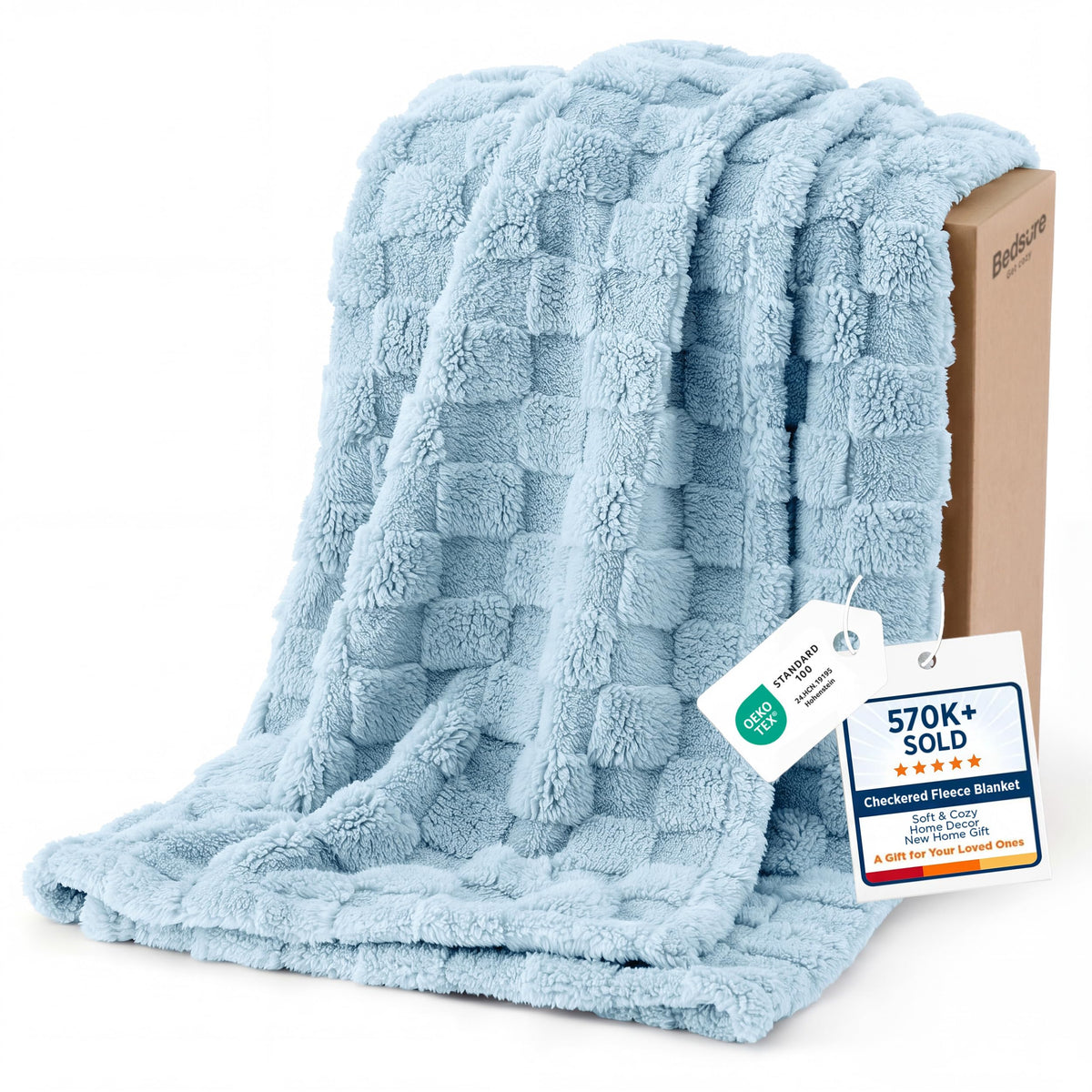 Bedsure GentleSoft light blue throw on sofa provides cozy warmth for evenings.