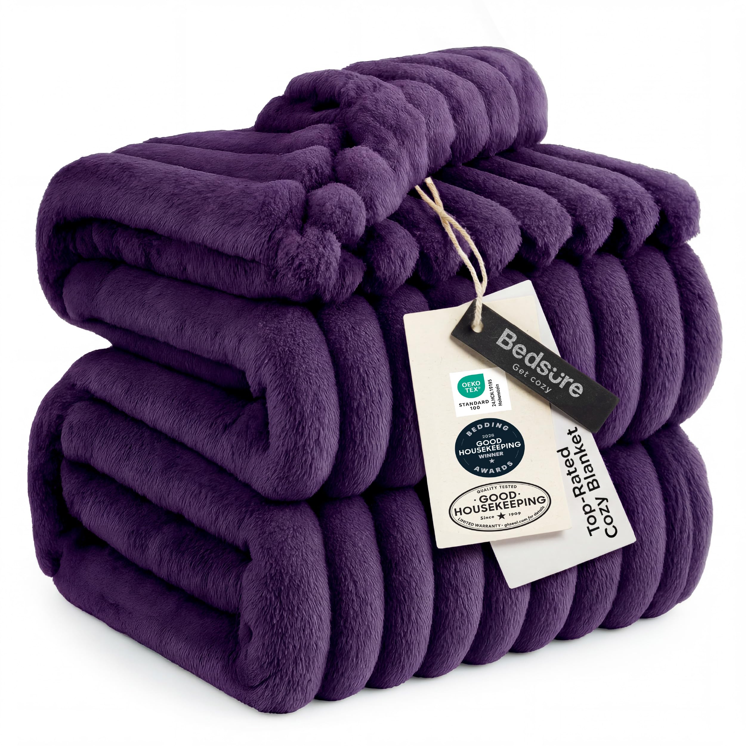 Bedsure GentleSoft purple fleece blanket with stripe pattern for cozy living room ambiance