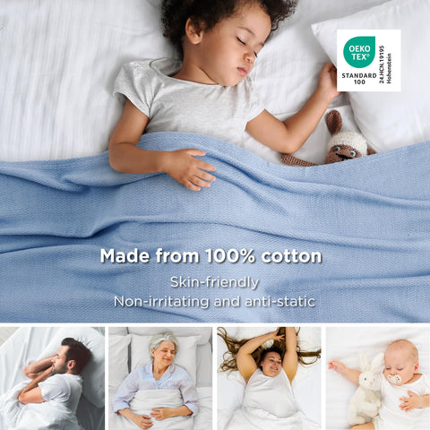 Bedsure GentleSoft queen blanket on bed in Ashley Blue for summer comfort.