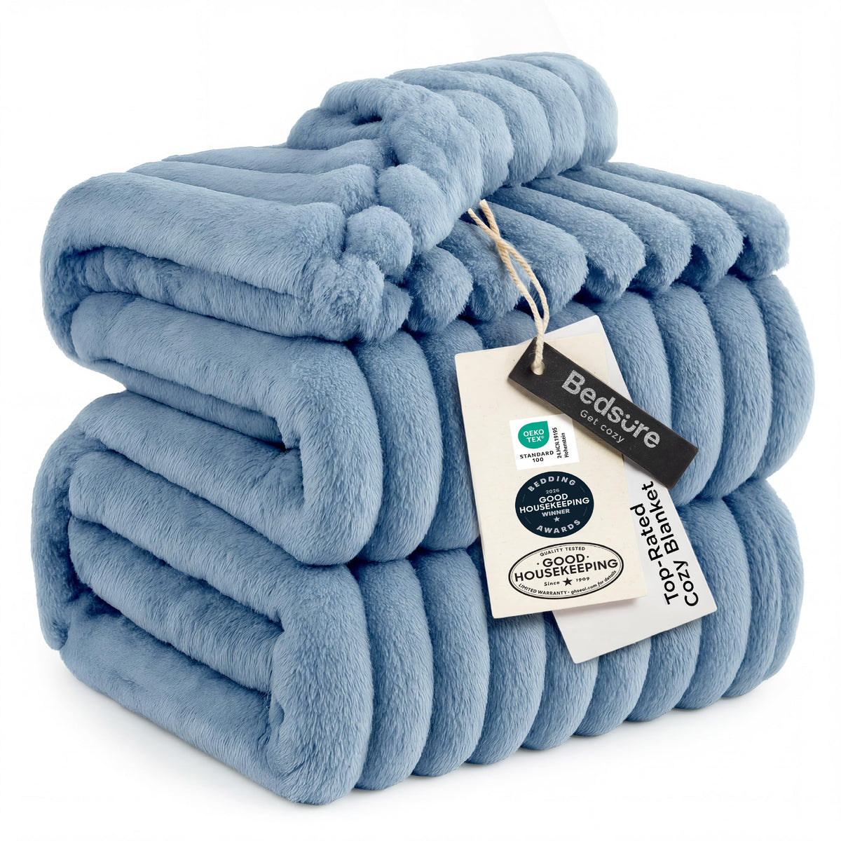 Bedsure GentleSoft queen blanket in blue striped pattern for year-round warmth