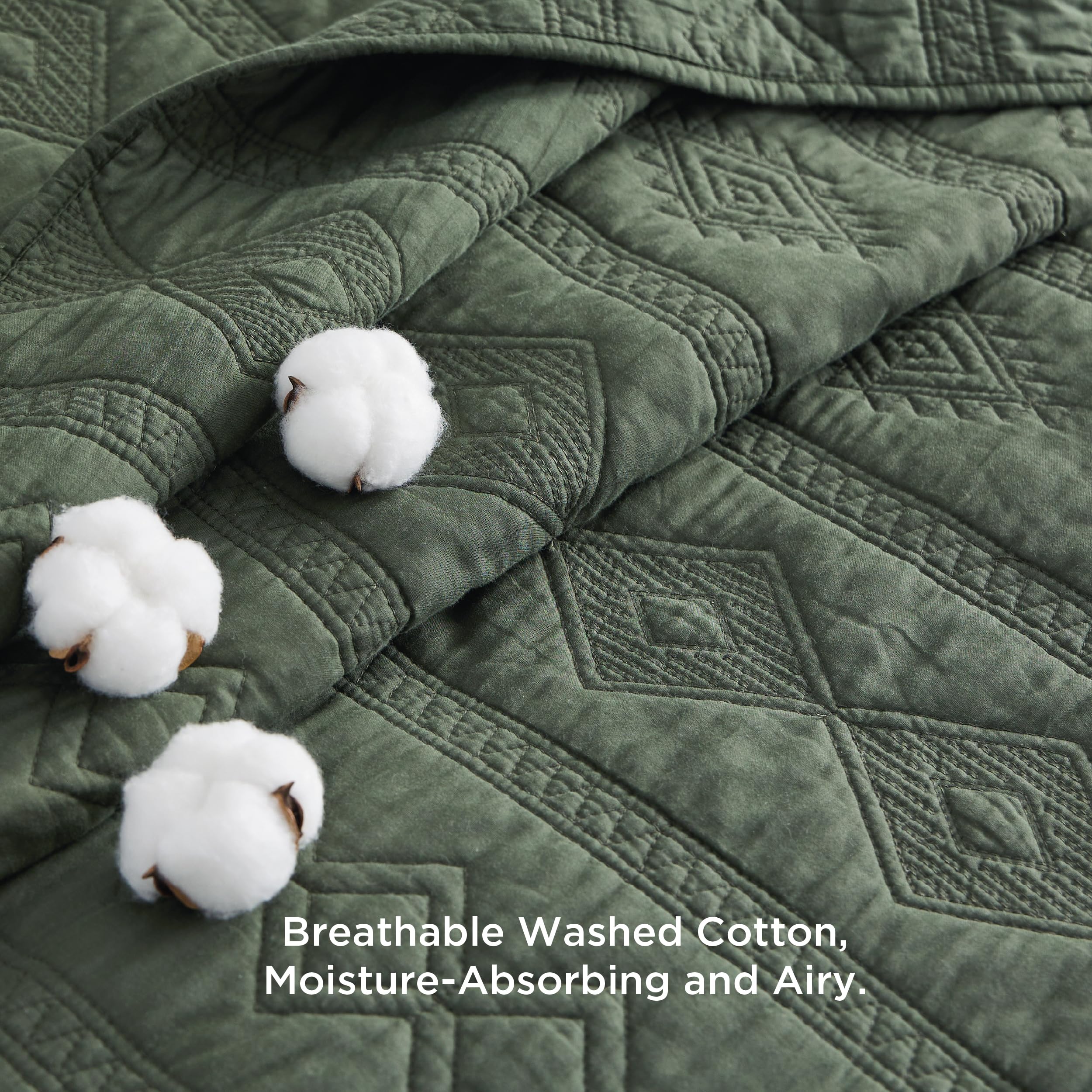 Bedsure geometric pattern quilt olive green close-up stitching highlights durability and texture