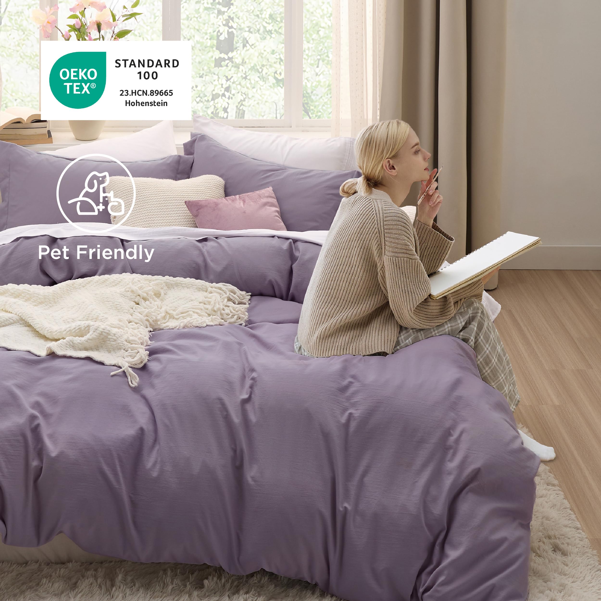 Bedsure grayish purple duvet cover folded on bed for easy styling
