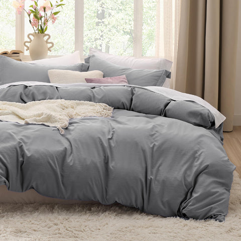 Bedsure grey duvet cover queen texture close-up for soft, breathable comfort