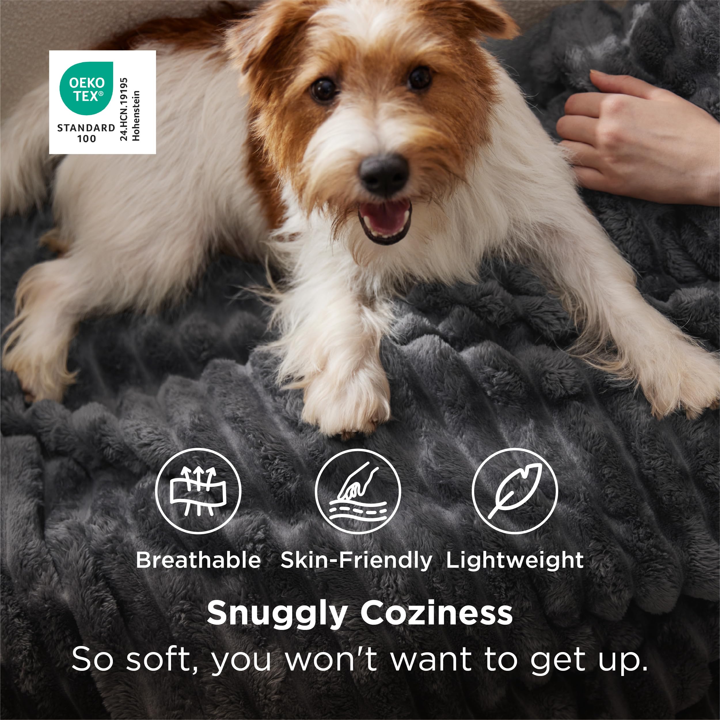 Bedsure grey fleece throw ultra-soft fabric for year-round comfort.