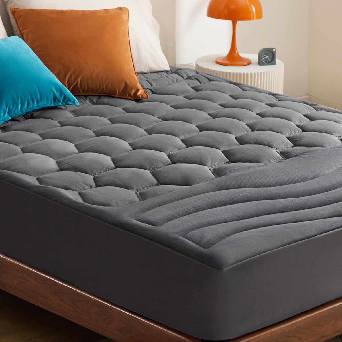 Bedsure grey twin XL mattress pad top view showcases plush comfort for dorm beds.