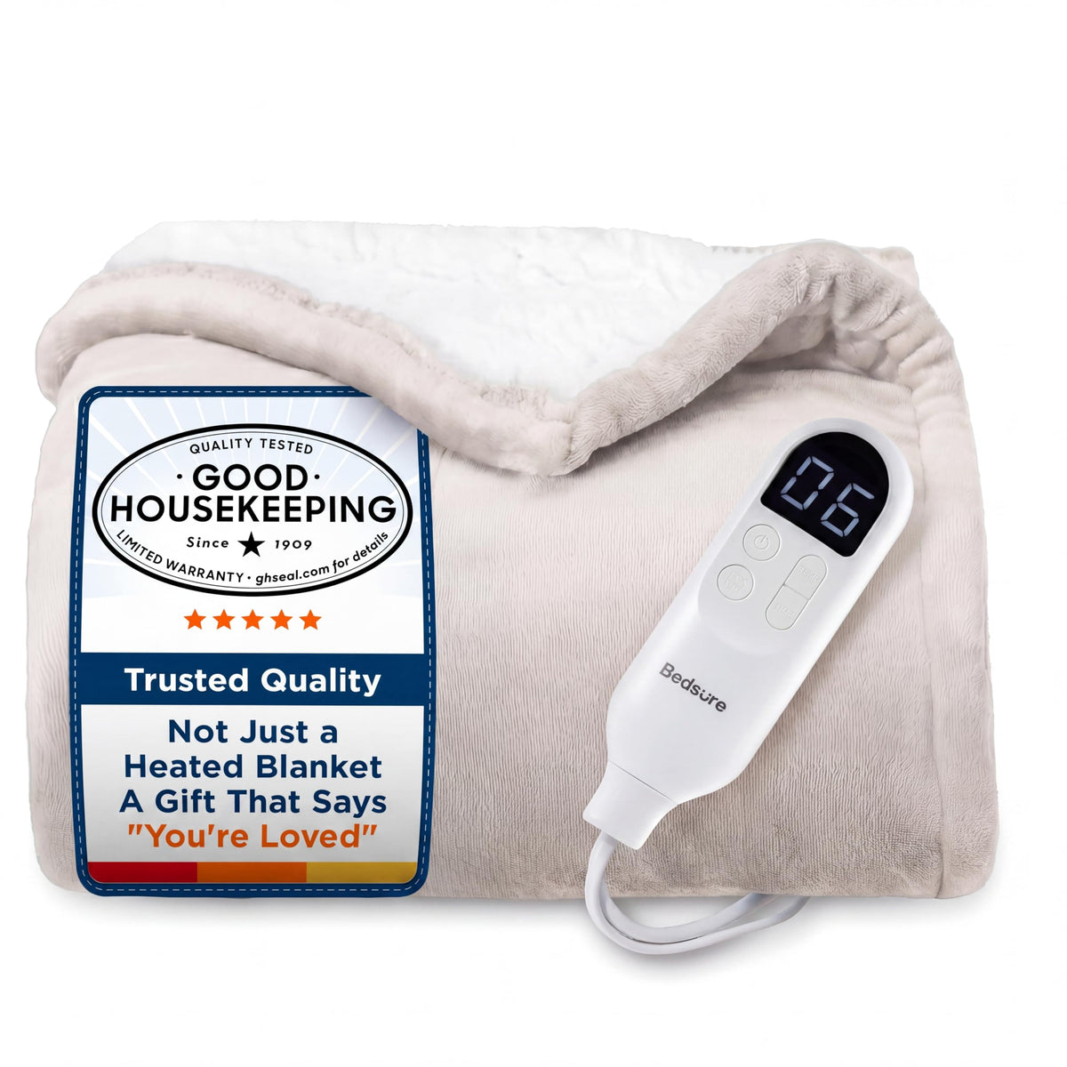 Bedsure heated blanket throw on couch showing preheat for instant warmth