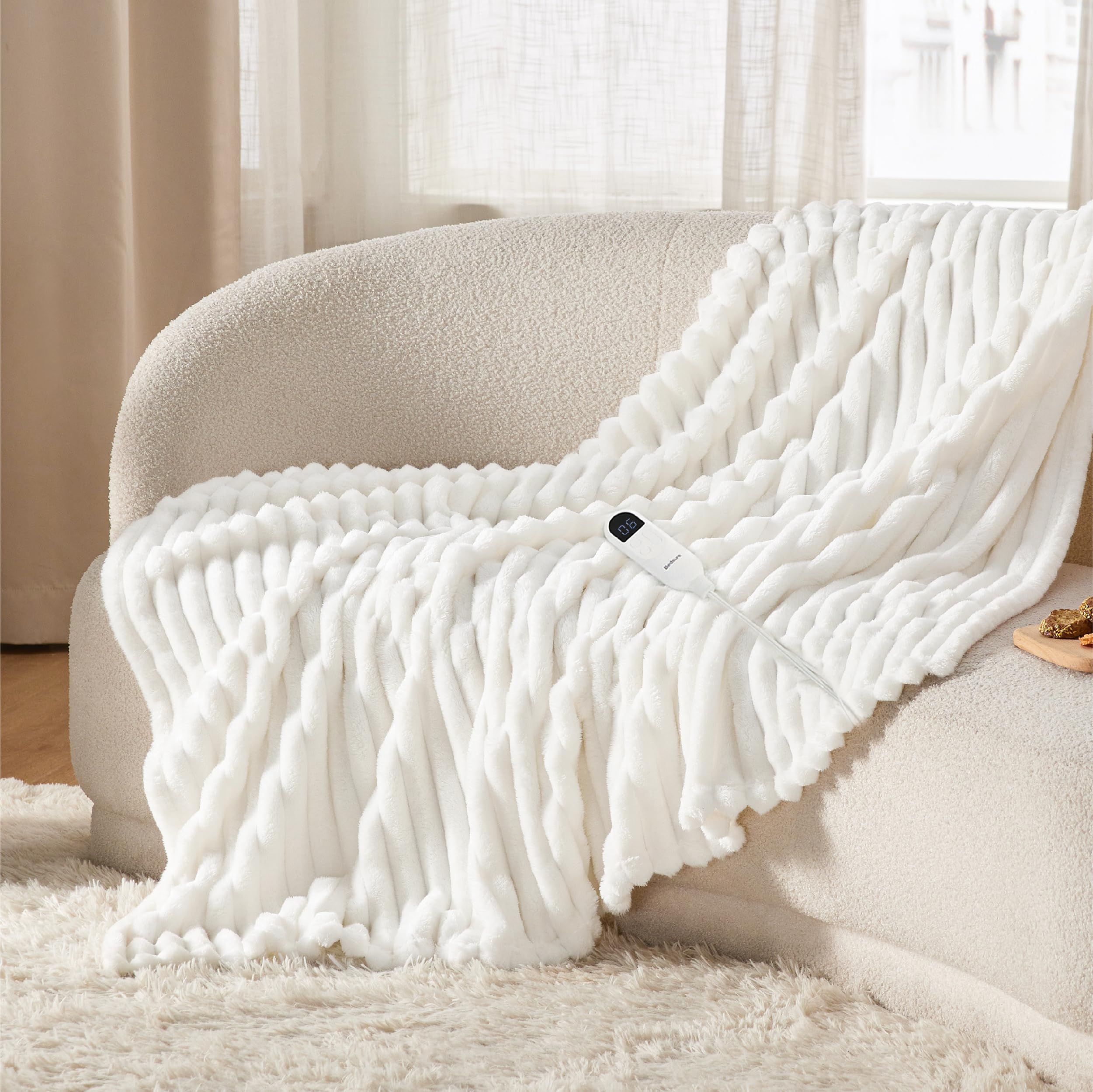 Bedsure heated blanket throw with striped white flannel for cozy evenings.