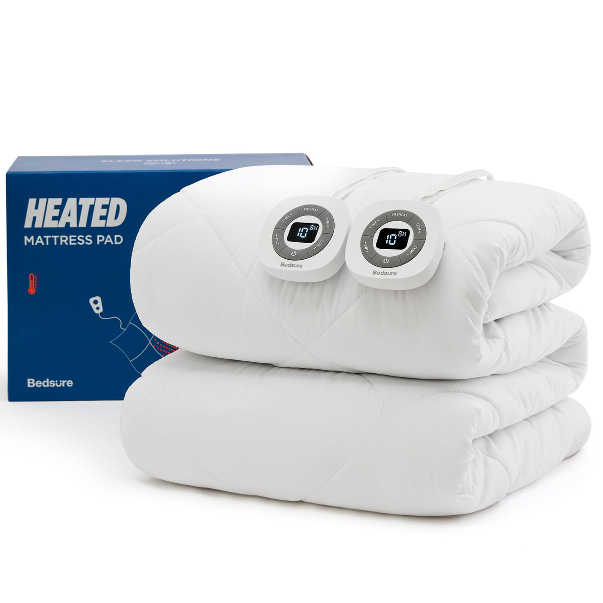 Bedsure king heated mattress pad with dual controllers for personalized warmth.