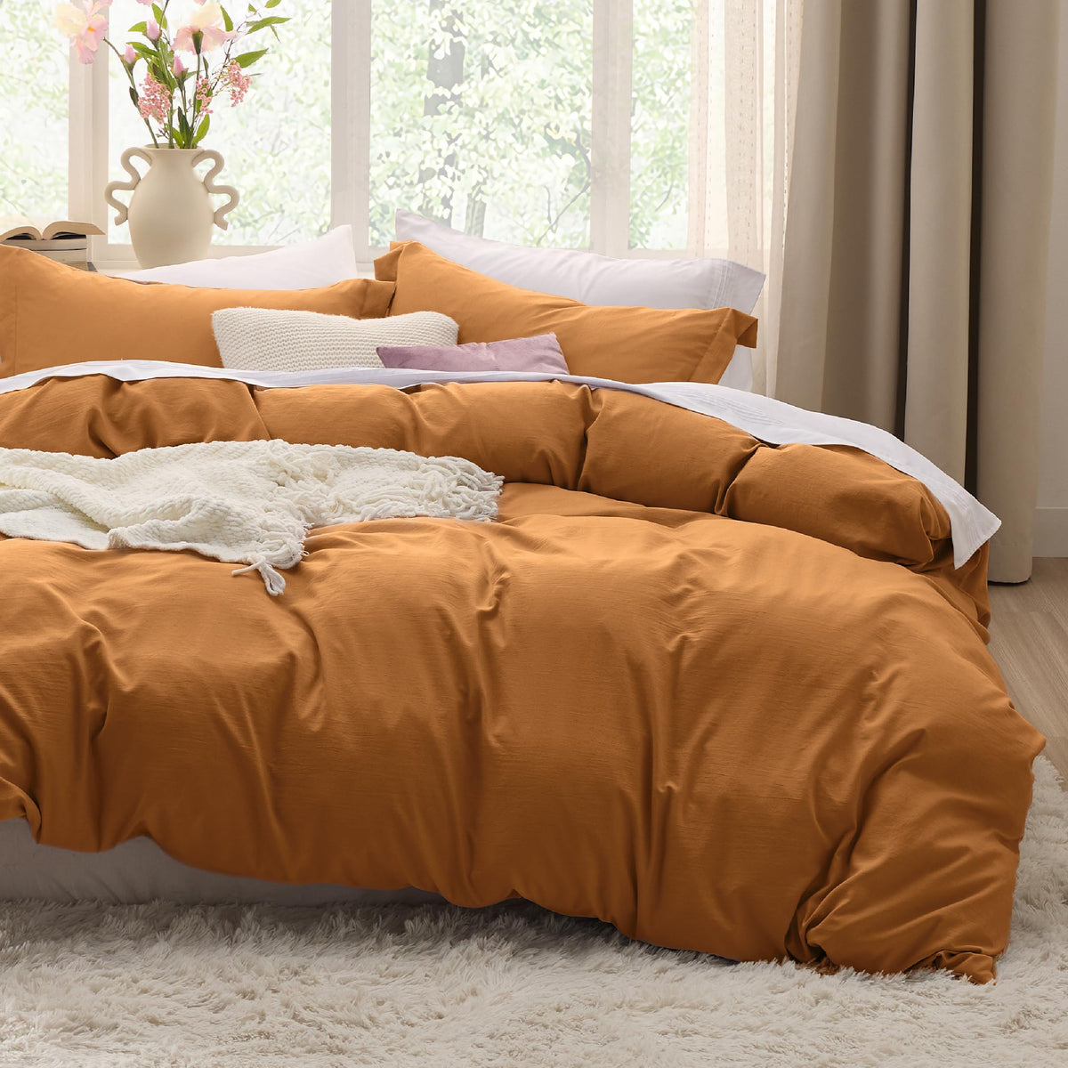 Bedsure Honey Ginger duvet cover on a queen bed showing soft drape and 90x90 size