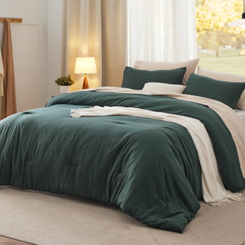 Bedsure king comforter set in forest green on bed for all-season comfort.
