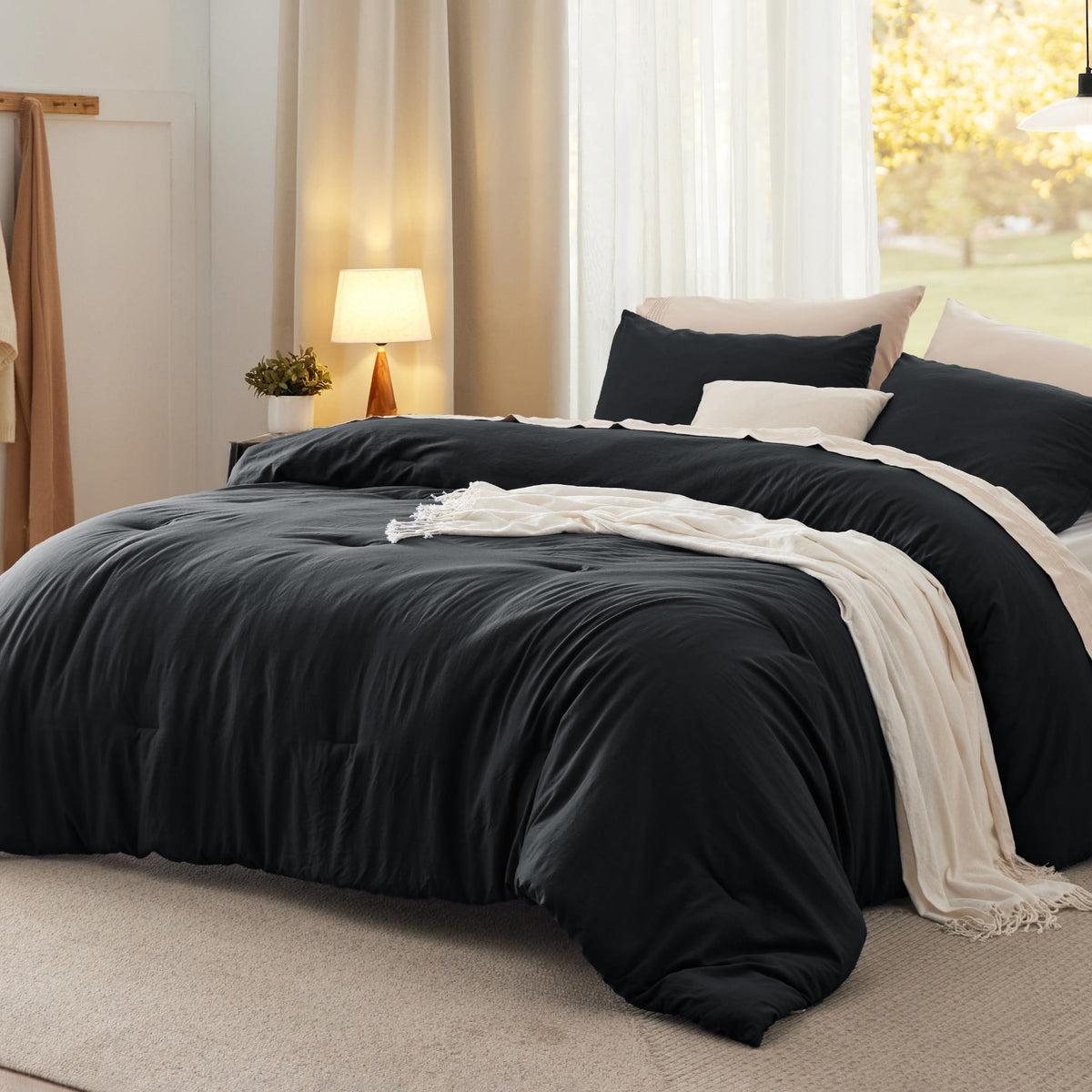 Bedsure King Comforter Set front view on bed showing inviting softness for all-season use