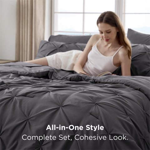 Bedsure king flat sheet dark grey aligned with a neatly dressed bed.