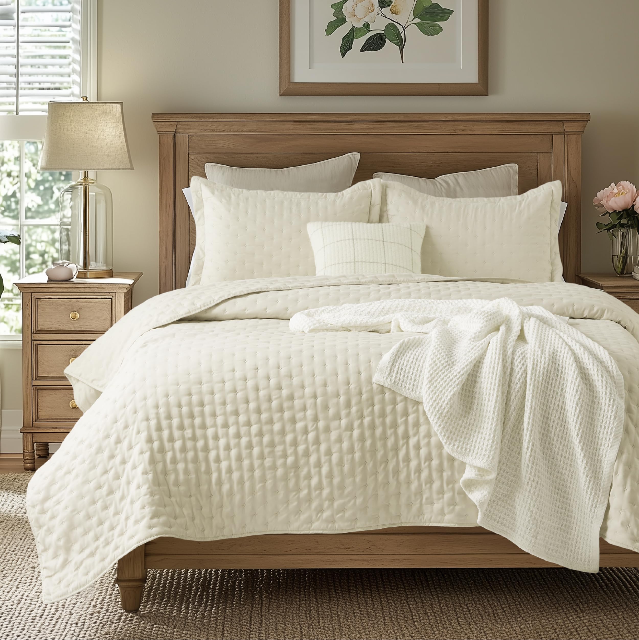 Bedsure king quilt with cream embossed clover pattern adds a cozy focal point to your bed.