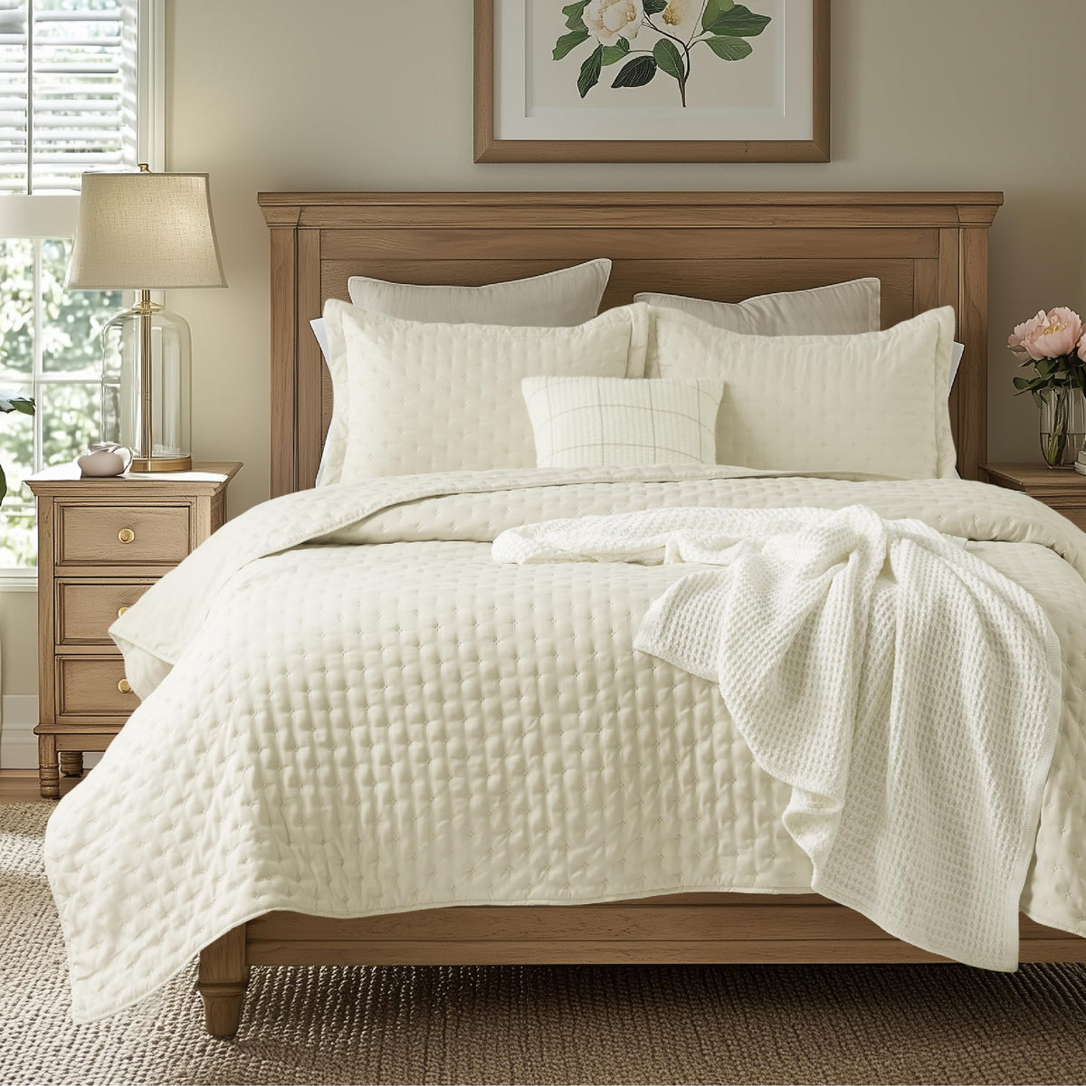 Bedsure king quilt with cream embossed clover pattern adds a cozy focal point to your bed.