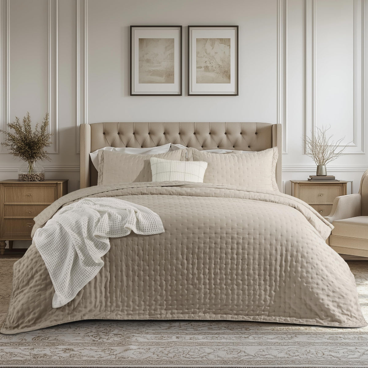 Bedsure king quilt taupe on bed demonstrates plush comfort and a smooth surface