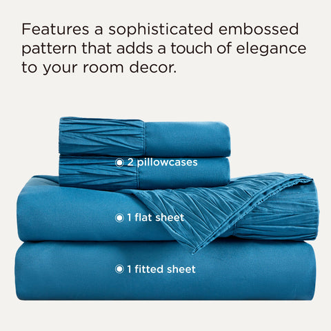 Bedsure teal blue flat sheet displays relaxed drape for a neat bed silhouette.