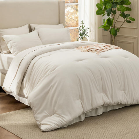 Bedsure king-size beige comforter close-up showing soft microfiber texture for cozy nights.