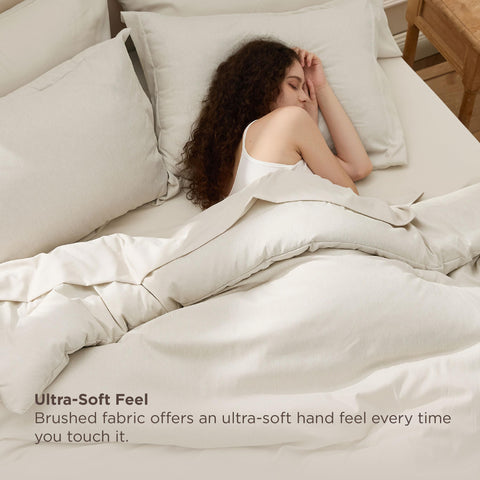 Bedsure beige fitted sheet highlighting durable microfiber for smooth all-season comfort.