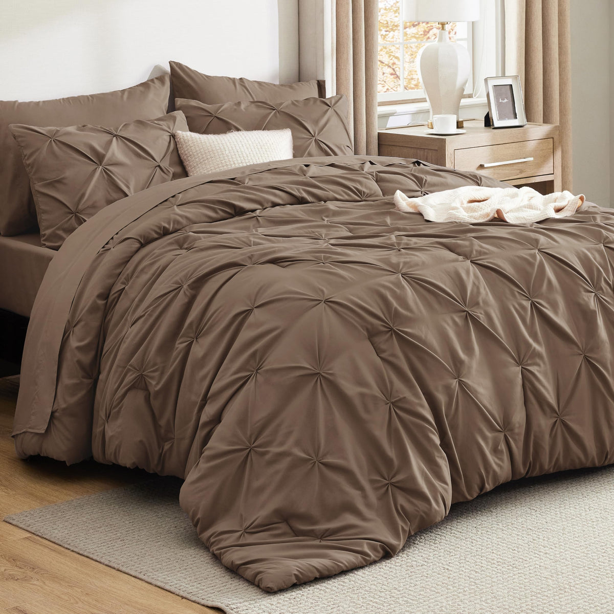 Bedsure king-size comforter set in brown with pinch-pleat design for a luxurious bedroom look.