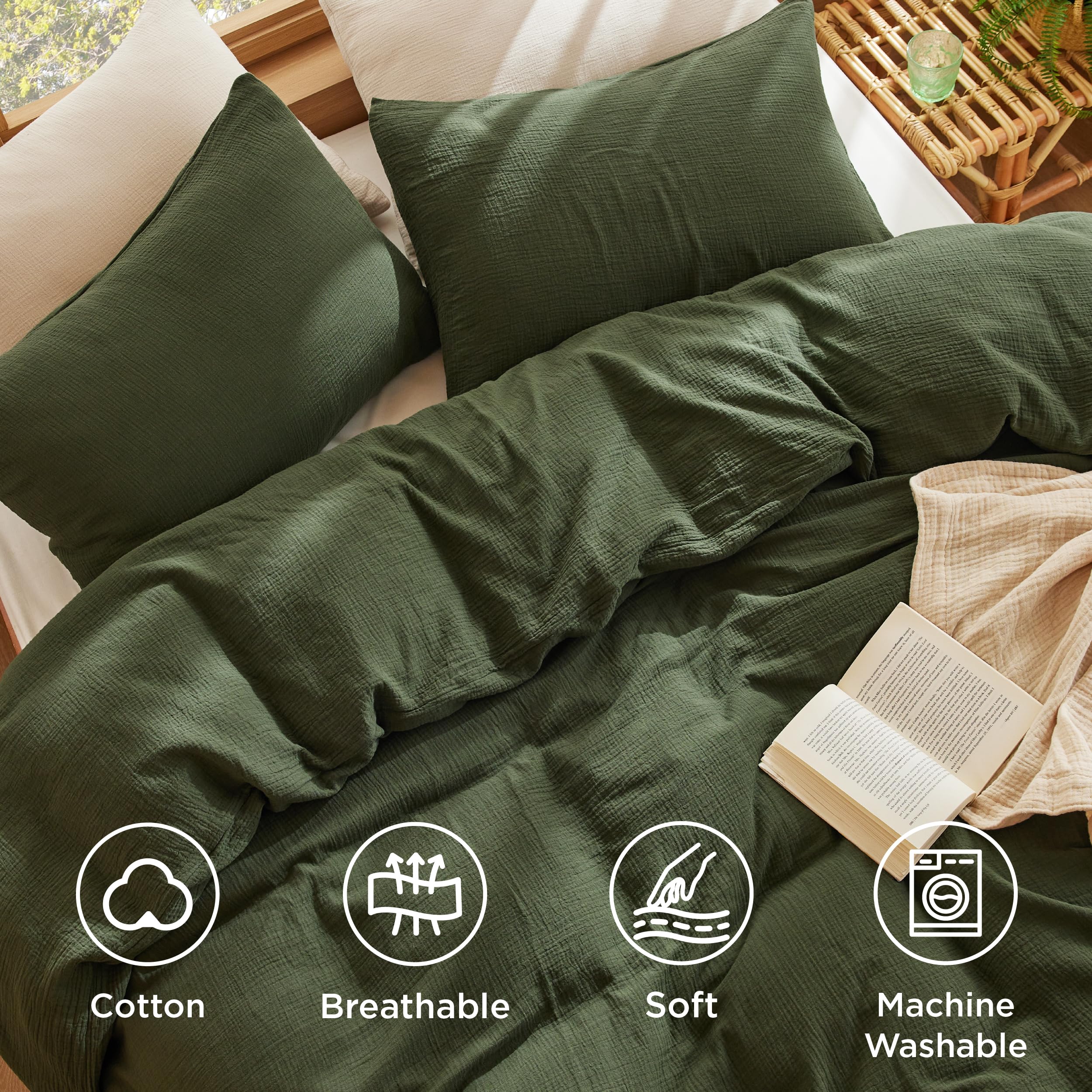 Bedsure king size duvet cover in olive green complements bedding.