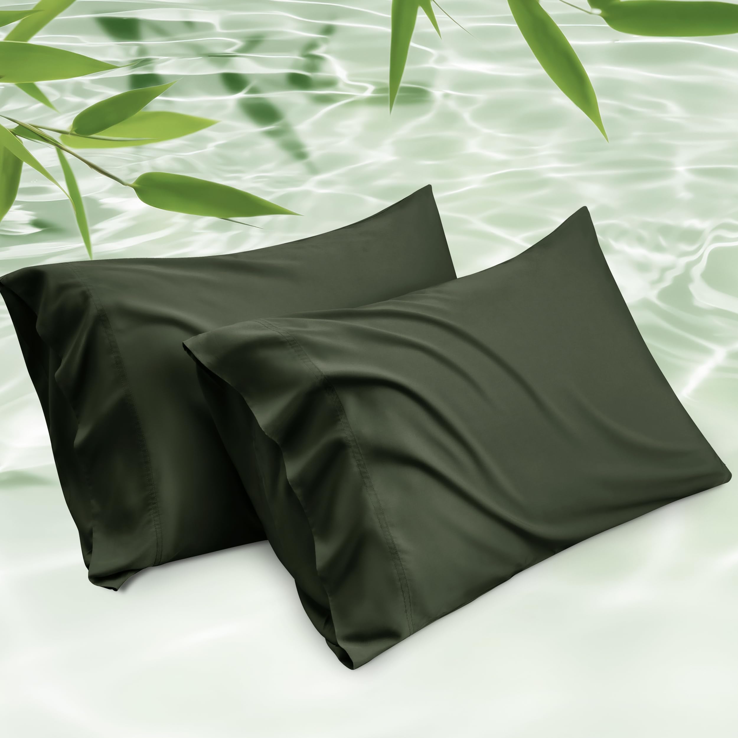 Bedsure king-size pillowcases in olive green with a cooling bamboo rayon finish.
