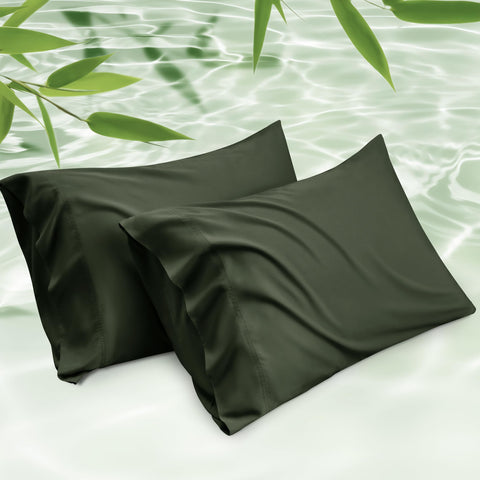 Bedsure king-size pillowcases in olive green with a cooling bamboo rayon finish.