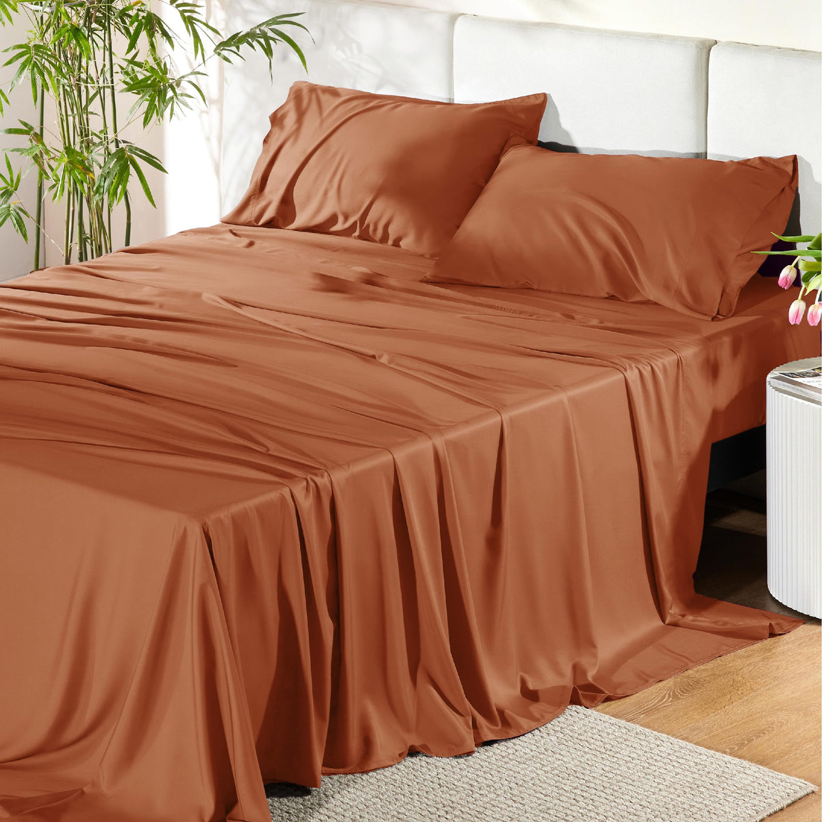 Bedsure king-size sheet set laid flat for sleek presentation, cooling comfort for hot sleepers.