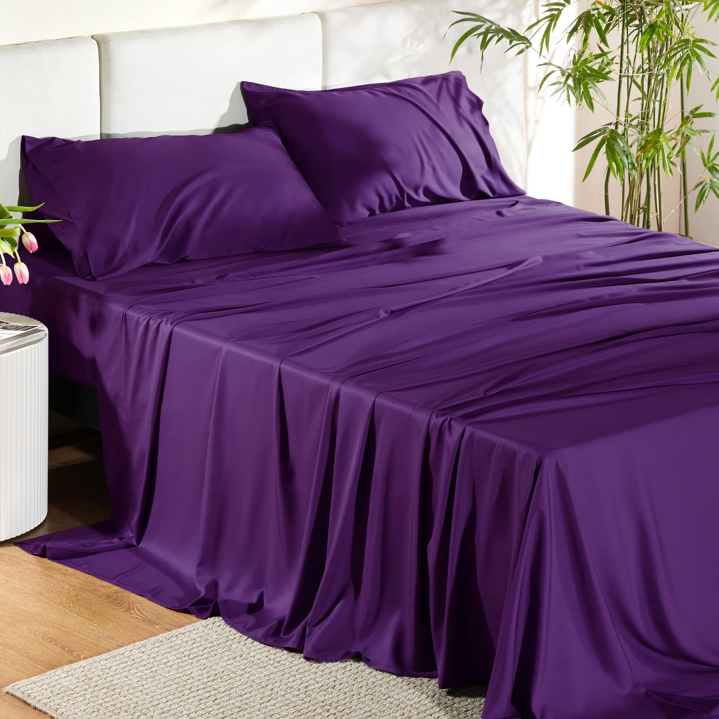 Bedsure king-size plum sheet set close-up fabric texture for cooling comfort.