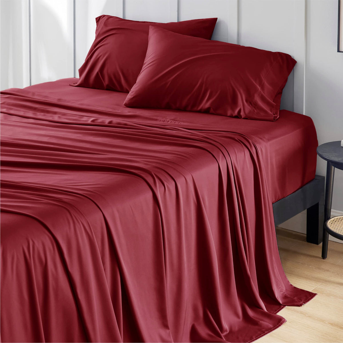 Bedsure king-size cooling flat sheet showing breathable bamboo rayon for lasting comfort.
