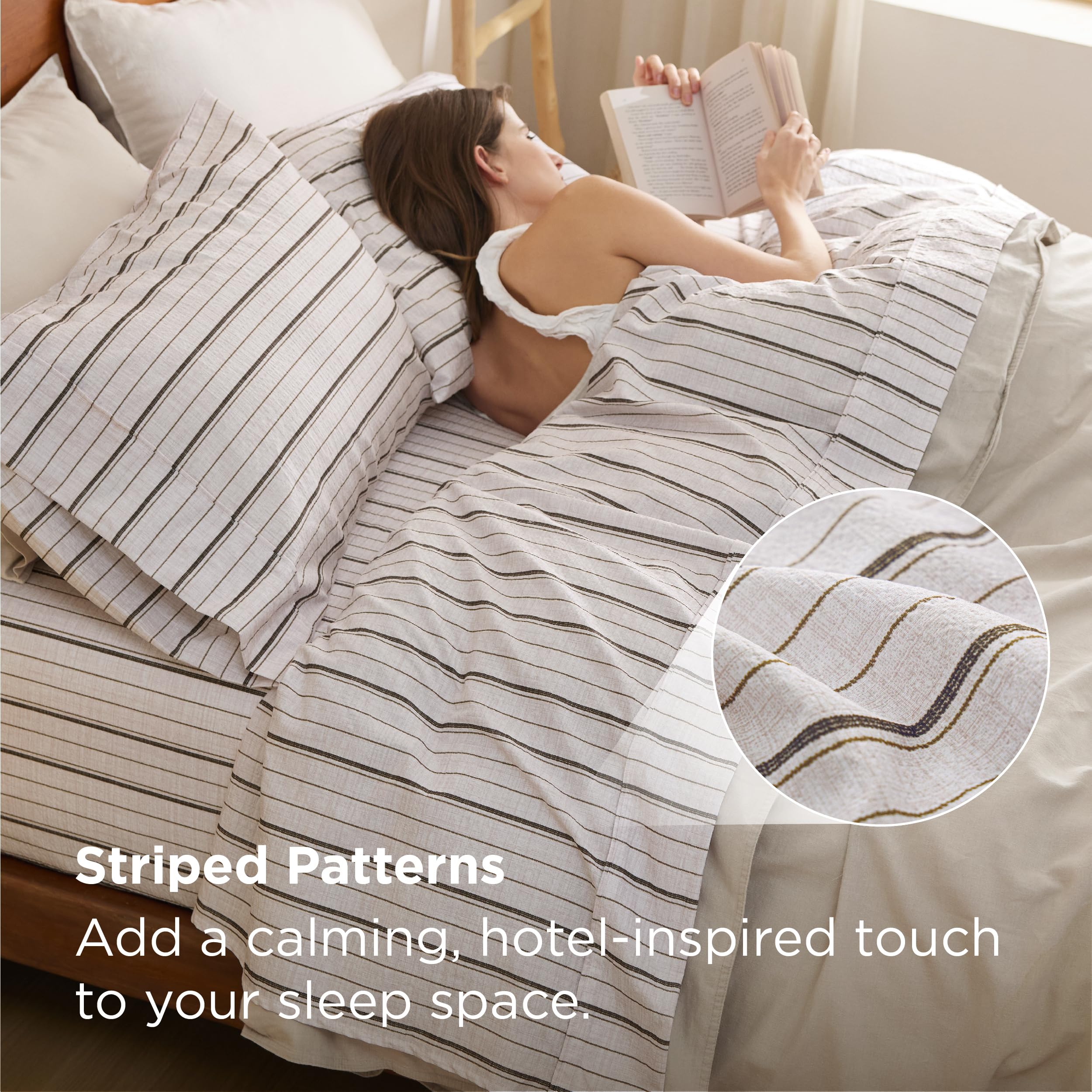 Bedsure king striped fitted sheet with 16-inch pocket secures deep mattresses