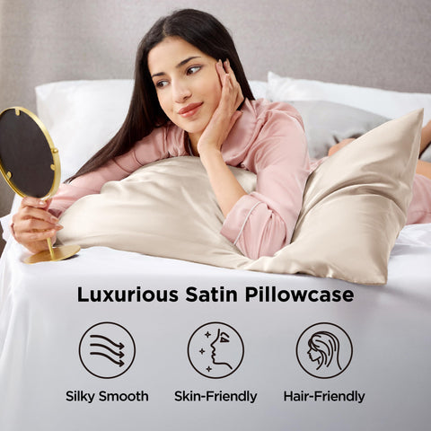 Bedsure beige satin pillowcase with envelope closure demonstrates secure pillow fit