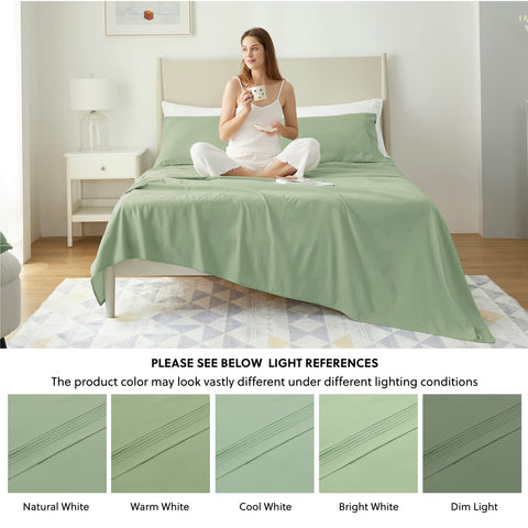 Bedsure light green bedding on bed enhances modern bedroom.
