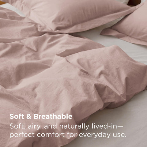 Linen-inspired look with washed cotton creates a casual, cozy bedroom vibe.