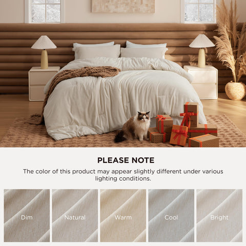 Bedsure machine-wash cold care beige bedding ready for laundry.