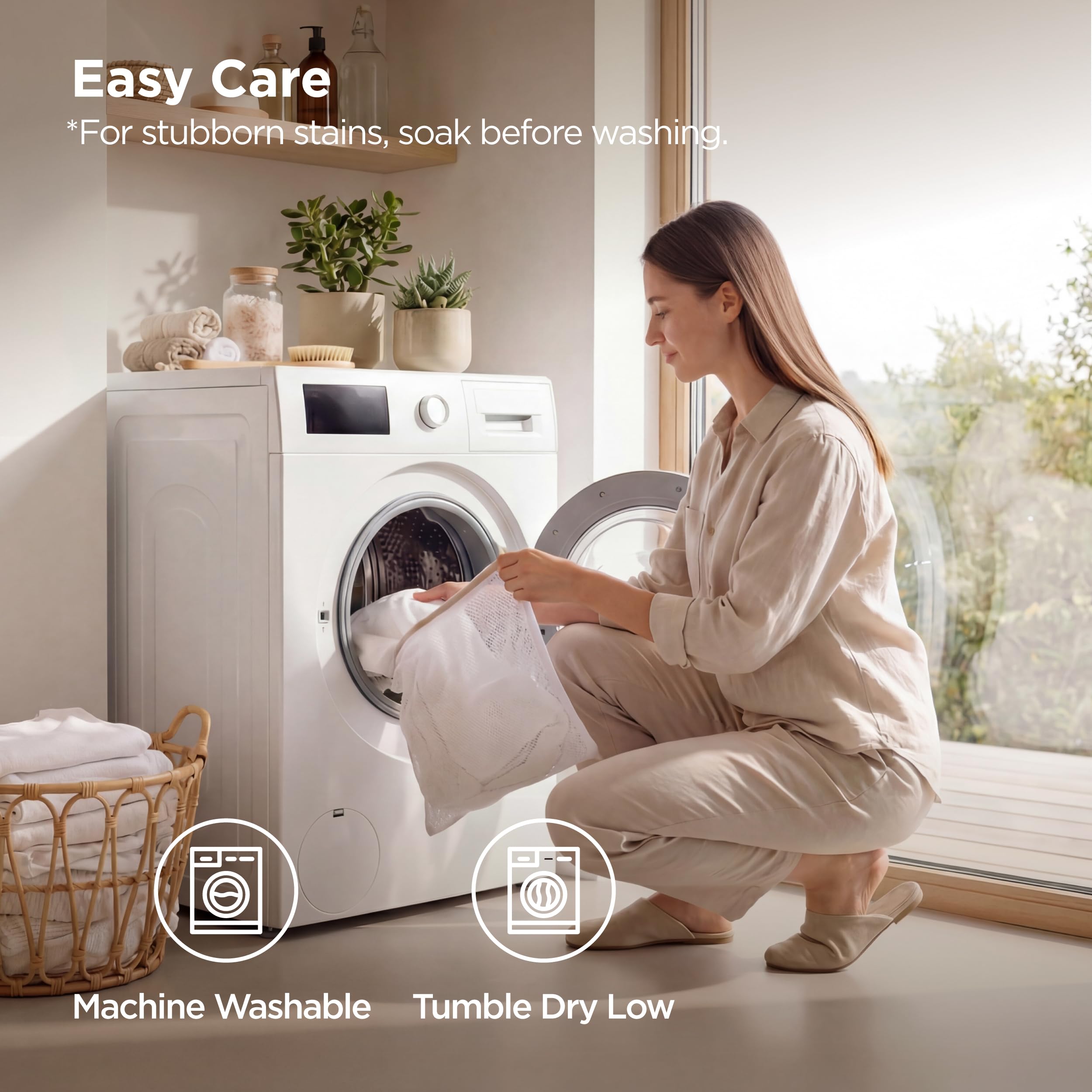 Machine-washable cold-water care keeps upkeep simple.