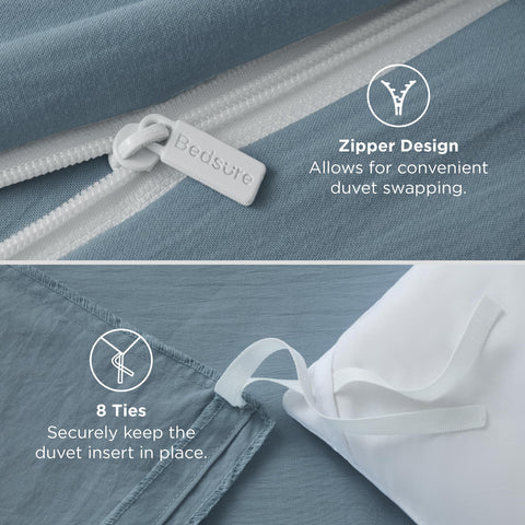 Bedsure mineral blue California King bed setup with this duvet cover drapes elegantly.