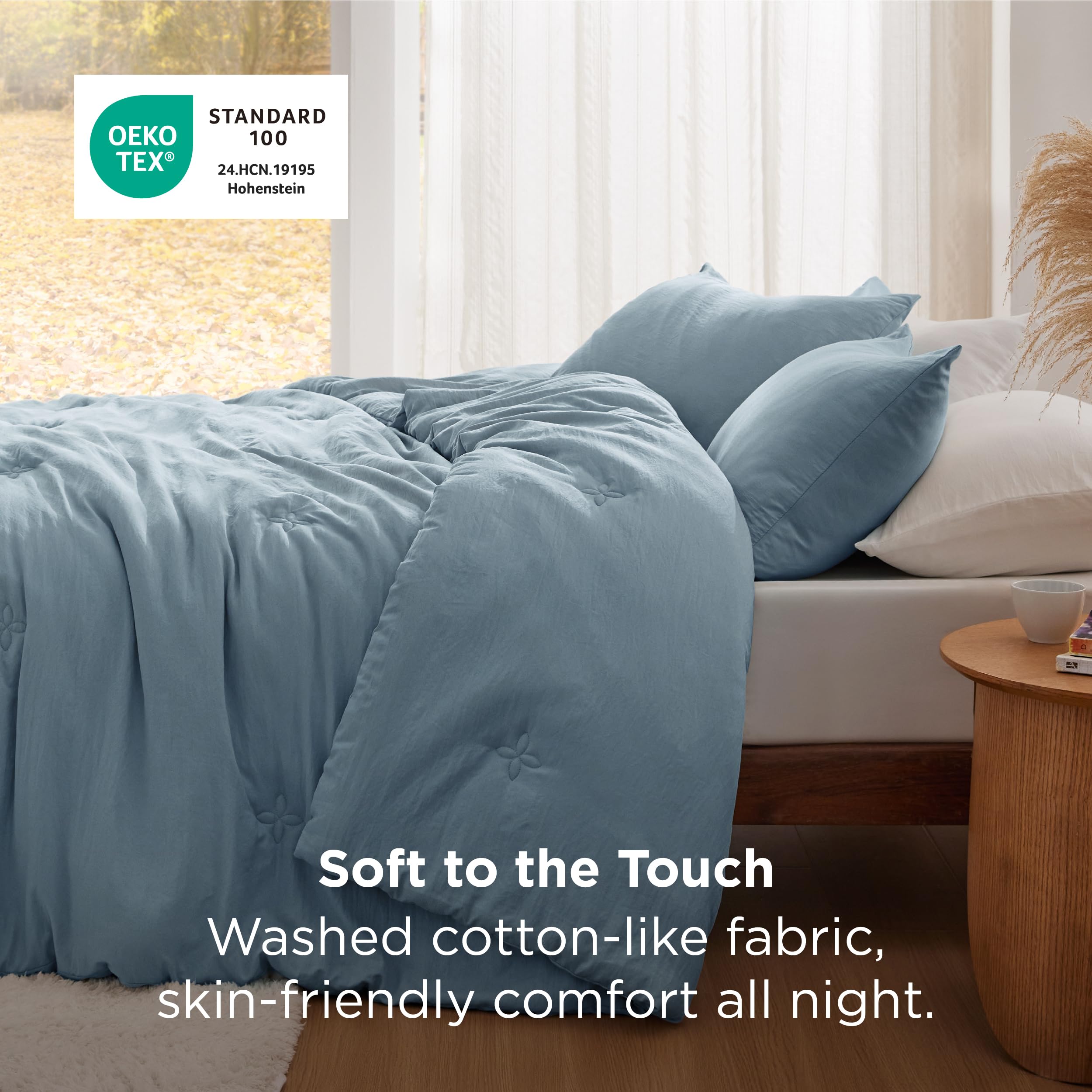 Bedsure mineral blue 3-piece comforter set displayed in a cozy bedroom.