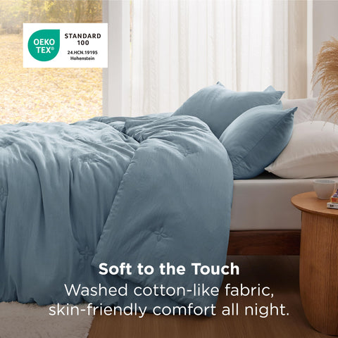 Bedsure mineral blue 3-piece comforter set displayed in a cozy bedroom.