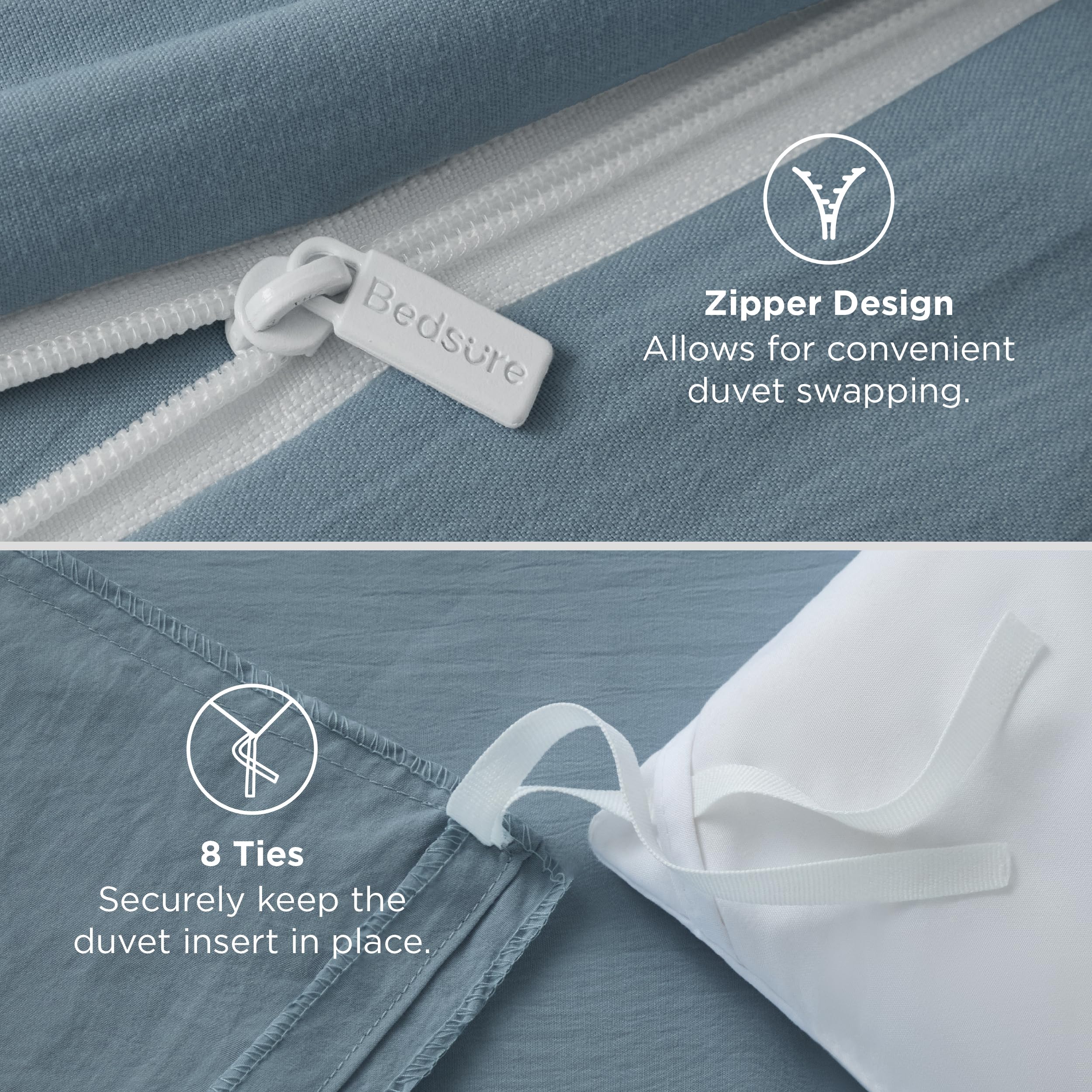 Soft mineral blue fabric close-up showing breathable microfiber.