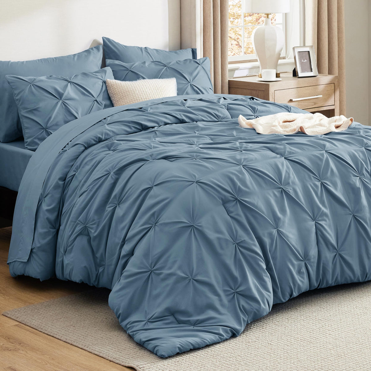 Bedsure mineral blue king comforter set spread on bed for cozy look