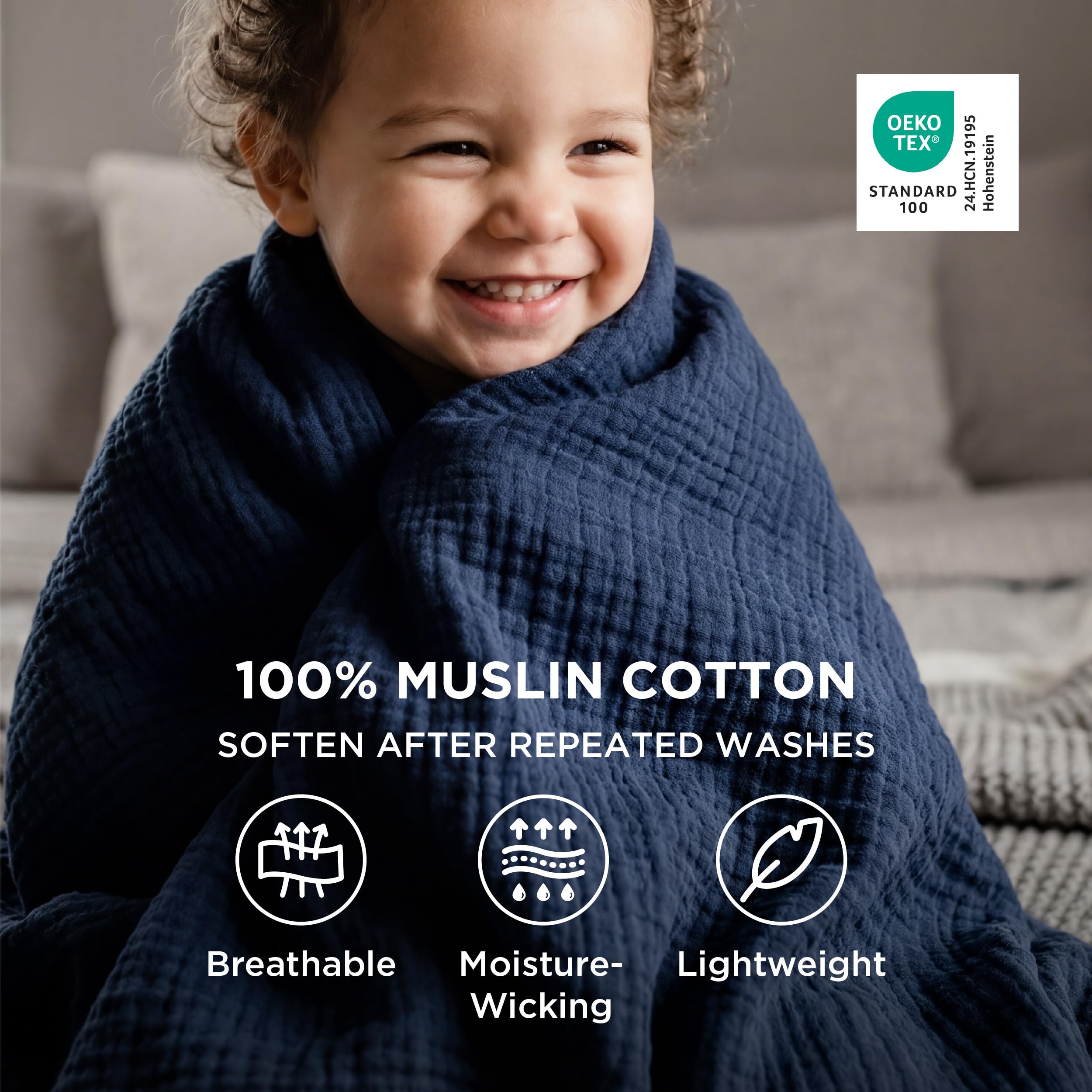 Bedsure four-layer muslin blanket close-up showing durable weave for everyday use