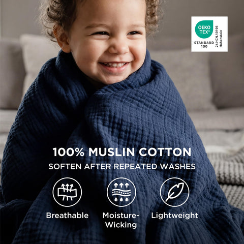 Bedsure four-layer muslin blanket close-up showing durable weave for everyday use