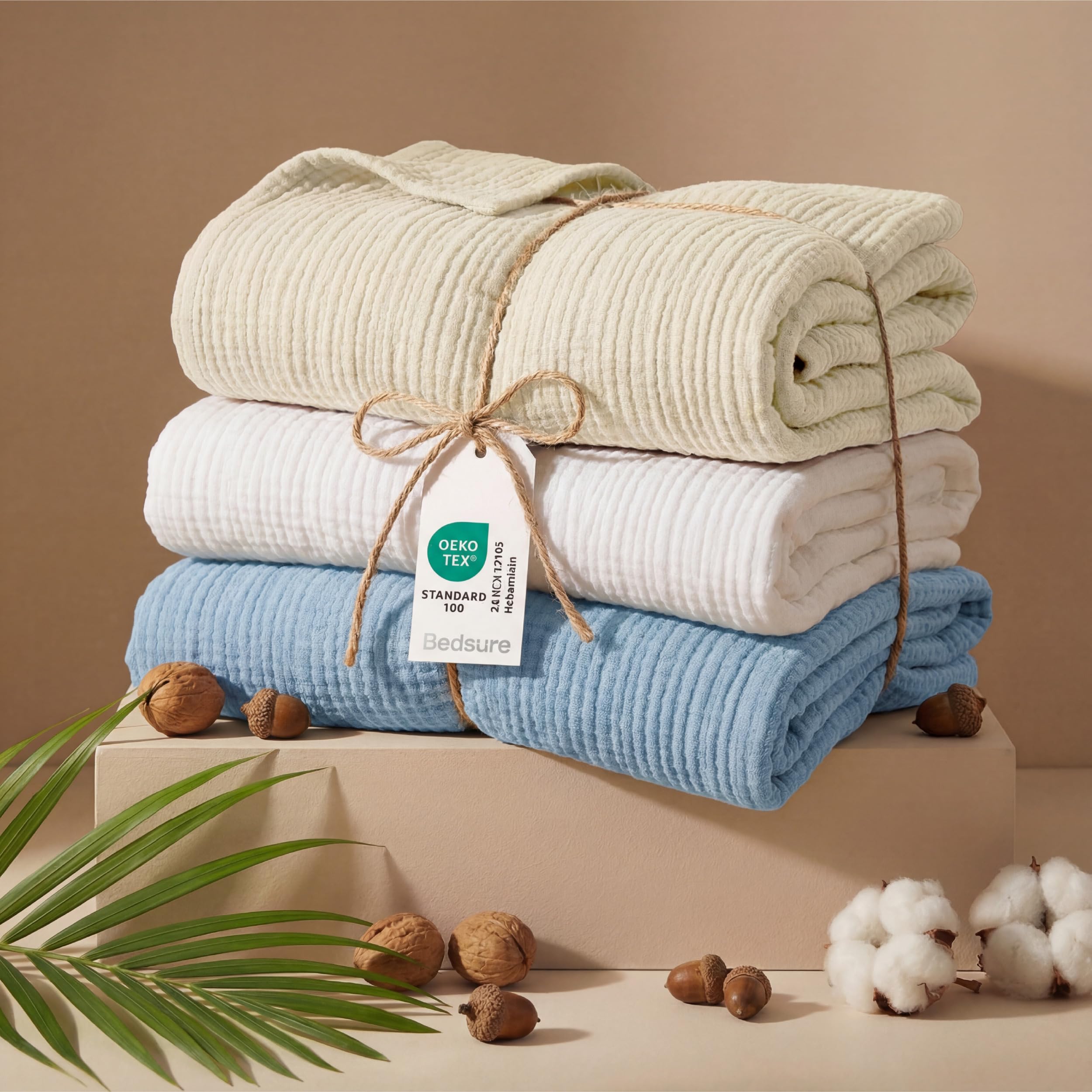 Bedsure muslin blanket casual texture and delicate stitching for cozy decor.